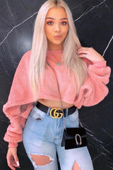 Pink Fluffy Long Sleeve Crop Jumper - Noura