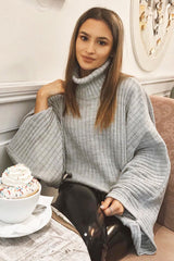 Grey Knit Roll Neck Batwing Jumper - Fallon