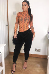 Orange Snake Print Slinky High Neck Bodysuit - Abira