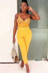 Mustard Lace Cup Stripe Bodice Bodysuit - Paislea