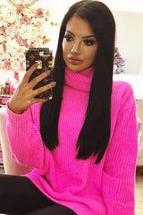Neon Pink Roll Neck Jumper Dress - Freylynn