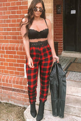 Red Check Belted Tapered Trousers - Reanne