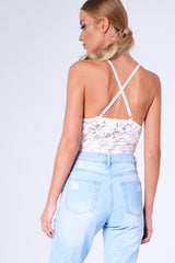 White Sheer Lace Strappy Bodysuit - Rozina