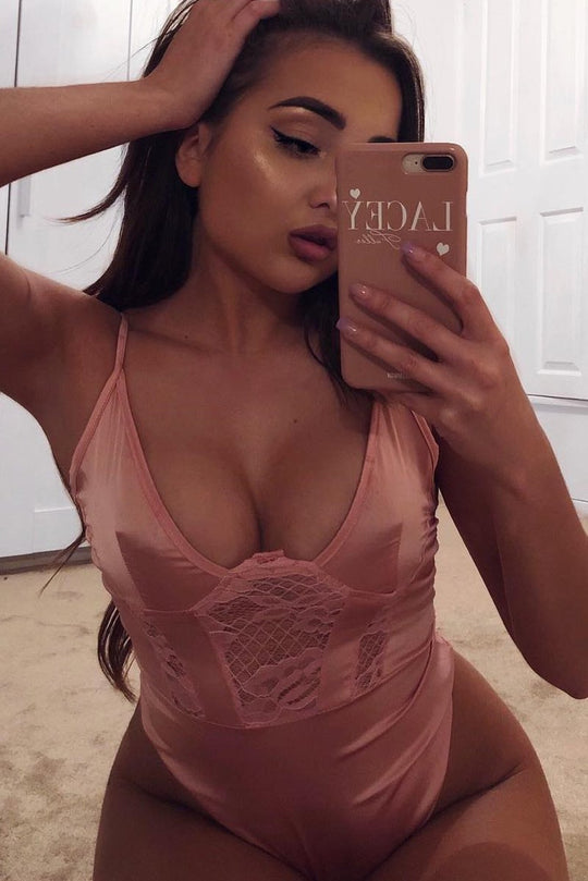 Dusty Pink Satin Lace Plunge Bodysuit - Zaida