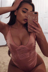 Dusty Pink Satin Lace Plunge Bodysuit - Zaida