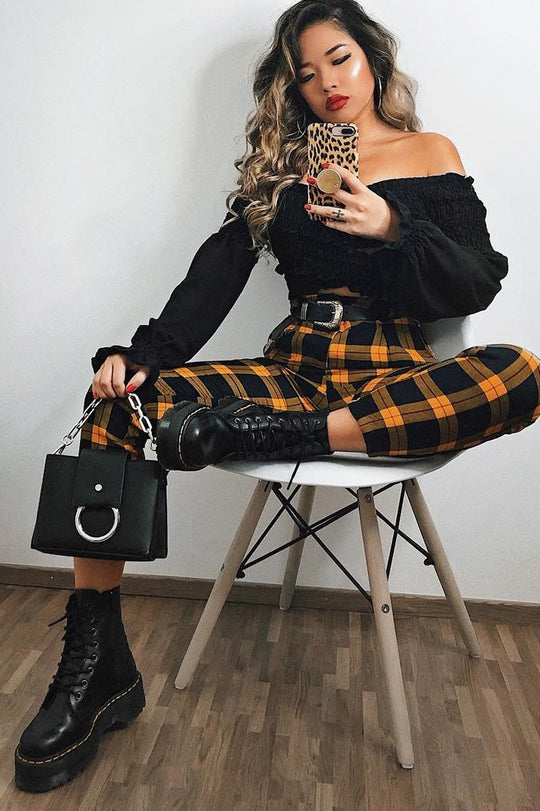 Yellow Check Belted Tapered Trousers - Reanne
