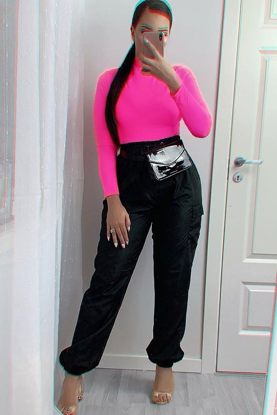 Fuchsia Rib Roll Neck Long Sleeve Top - Marci