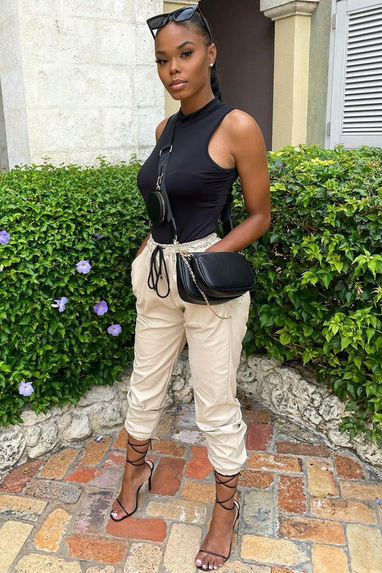 Stone Faux Leather Drawstring Waist Joggers - Persia