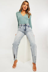 Blue Wash Split Front Straight Jeans - Lilyrose