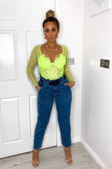 Neon Yellow Dobby Mesh Low Cut Bodysuit - Tamara