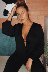 Black Chiffon Plunge Blouson Sleeve Bodysuit - Liah