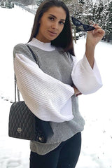 Grey And White Knitted High Neck Oversized Jumper - Cerina