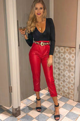 Red Coated Belted Tapered Trousers - Reyna