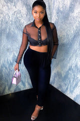 Black Sheer Button Front Crop Blouse - Damari