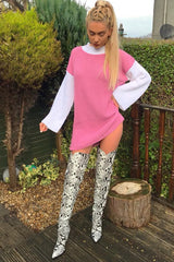 Pink And White Knitted High Neck Oversized Jumper - Cerina