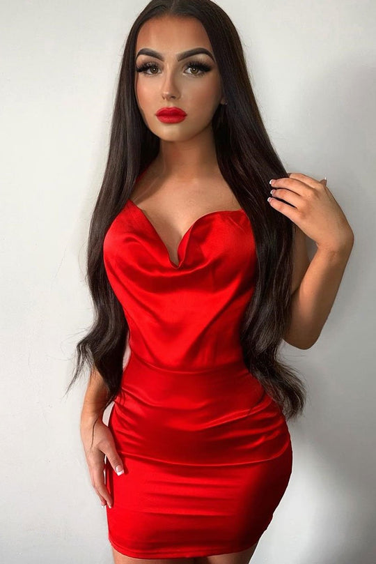 Red Satin Lace Up Bodycon Mini Dress - Sira