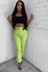 Lime Green Belted Tapered Peg Trousers - Jessika