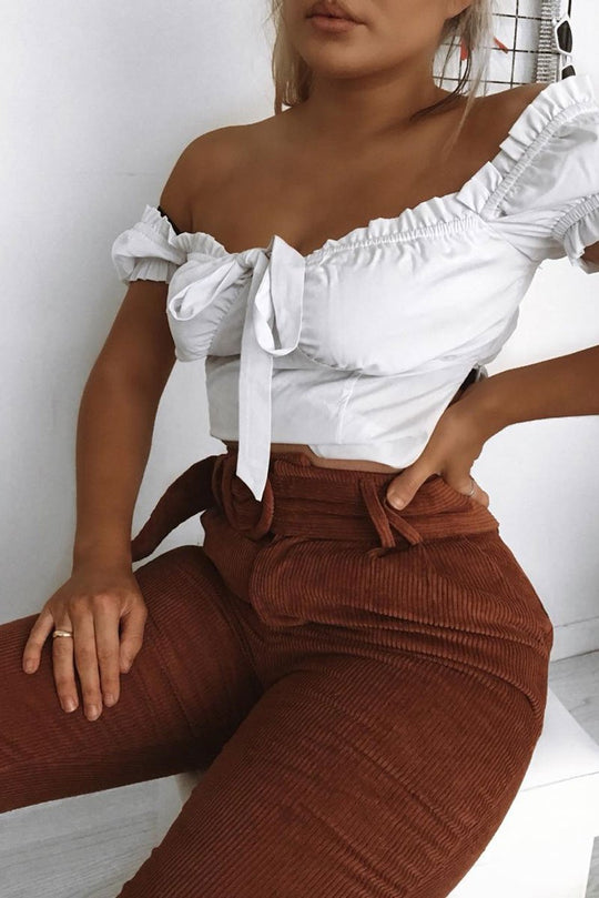 Rust Corduroy Belted Tapered Trousers - Janelle