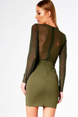 Khaki Applique Mesh Long Sleeve Bodycon Dress - Georgina