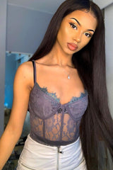 Charcoal Lace Flower Bodysuit - Faylen