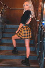 Mustard Check Button Front Pleated Skirt - Laela