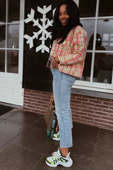 Pink Check Crop Denim Jacket - Dakira