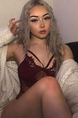 Wine Fishnet Floral Lace Strappy Mesh Bodysuit - Hallee