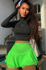 Neon Green Faux Croc Frill High Waist Shorts - Pixie