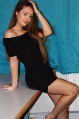 Black Slinky Ruched Bardot Mini Dress - Sicily