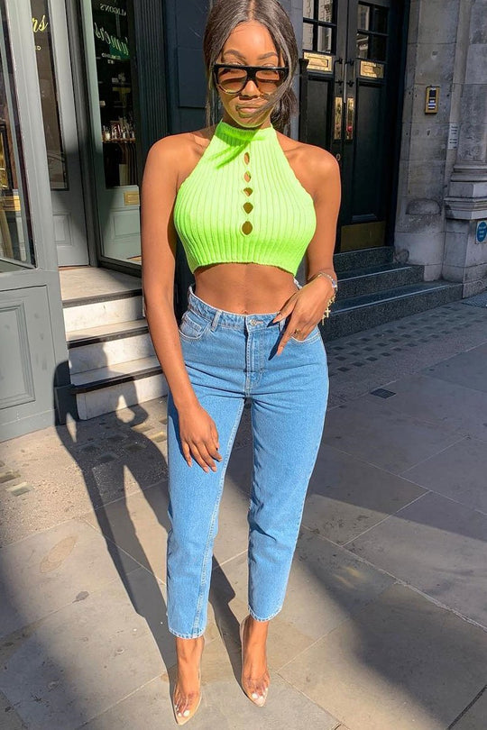 Lime Green Knit Halterneck Button Crop Top - Penina
