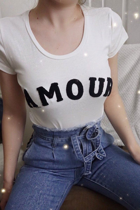 White Black Amour Textured Slogan Tee - Andelyn