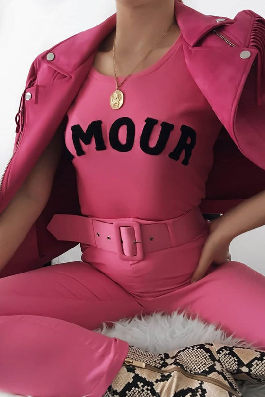 Pink Black Amour Textured Slogan Tee - Andelyn