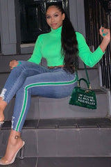 Neon Green Rib Roll Neck Crop Jumper - Hayvin