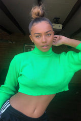 Neon Green Rib Roll Neck Crop Jumper - Hayvin