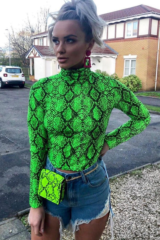 Lime Snake Print Roll Neck Top - Helina