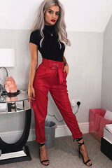 Red Belted Croc Print Tapered Trousers - Aasia