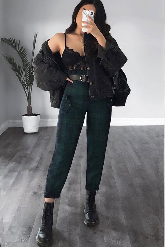 Navy Tartan Frill Detail Trousers - Bristal