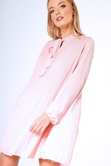 Pink Pleated Tie Neck Long Sleeve Swing Dress - Nickie