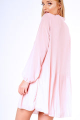 Pink Pleated Tie Neck Long Sleeve Swing Dress - Nickie