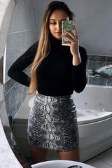 Grey Snake Faux Leather Mini Skirt - Enisa