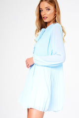 Blue Pleated Tie Neck Long Sleeve Swing Dress - Nickie