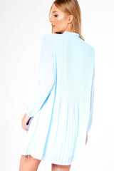 Blue Pleated Tie Neck Long Sleeve Swing Dress - Nickie