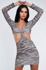 Brown Printed Cut Out Ribbed Mini Dress - Larra