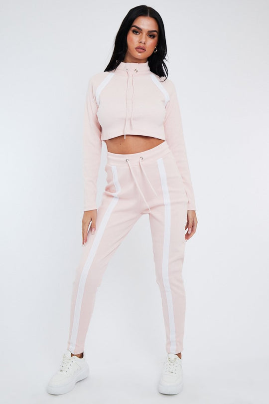 Pink Ribbed Contrast Stripe Loungewear Set - Abiah