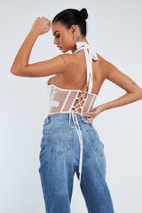 White Under Boob Halterneck Corset Crop Top - Kass