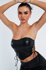 Black PU Leather Lace Up Corset Crop Top - Vian