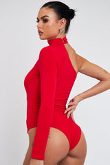 Red One Sleeve High Neck Bodysuit - Qin