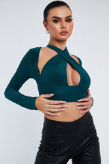 Green Halter Neck Cut Out Crop Top - Sno