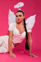 White Satin Puff Sleeve Corset Crop Top - Zafena