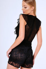 Black Crochet Lace Frill Neck Playsuit - Monique